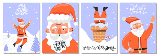 Set of greeting card with Santa Claus character in various poses and lettering. Design for postcard, invitation, poster etc. Vector.