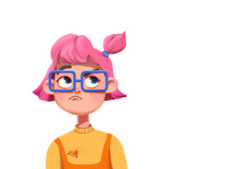 little girl with pink hair and square blue glasses doing a pensive expression,  perplex emotion. Funny cartoon character.
