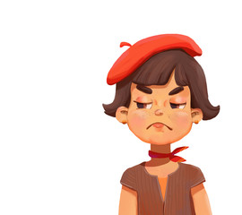 little girl with red French beret looking left with defying face. Small girl with brown hair is not happy. Sad girl.