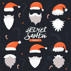 Secret Santa invitation template. Santa Claus hat, moustache and beard with lettering. Design concept for invitation, poster, banner etc. Vector.