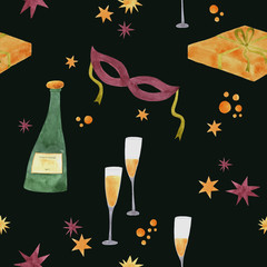 Seamless watercolor pattern with bottles of champagne, winwglass, masks and many small stars on a black background. For textile, wrapping paper and wallparer.
