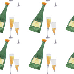 Seamless watercolor pattern with bottle of champagne and two winwglass on a white background. For textile, wrapping paper and wallparer.
