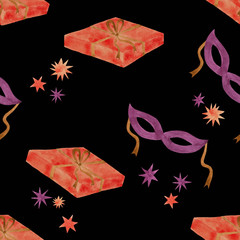 New year seamless watercolor pattern with red  gift boxes and purple masks on a black background. May use for textile, wrapping paper.
