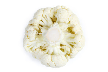Raw cauliflower laid with cabbage stalk up, on white background