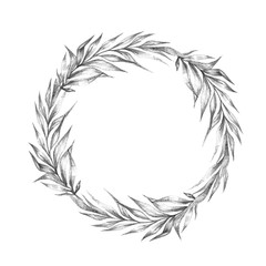 Hand drawn branches and leaves of tropical plants. Monochrome floral frame.  Black and white pencil illustration. 