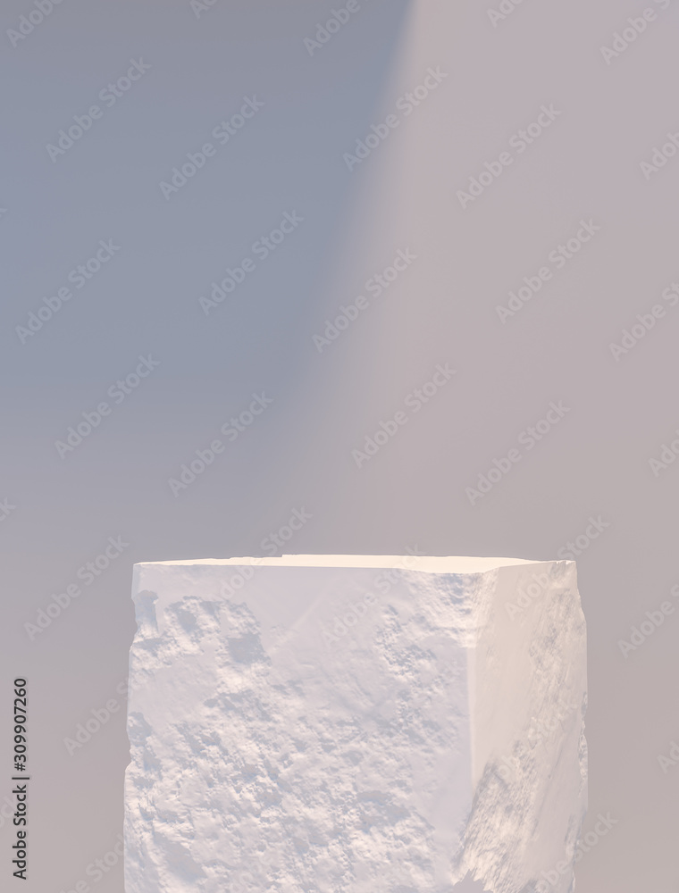 Poster Product display abstract minimalistic geometry. Object placement. Empty single white stone cube shape podium isolated on white background. 3d rendering.