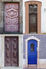four old wooden doors trimmed with metal decorations from different cities of Europe