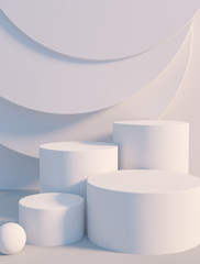 Product setting podium white abstract minimalistic geometry, minimal light interior, object placement, abstract gray background room, 3d rendering,