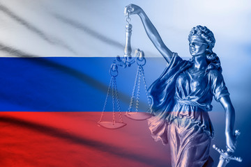 Russian flag with figure of Justice holding scales