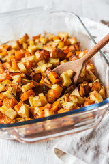 Roasted vegetables. Pumpkin and potatoes with spices. Vegan recipe. Vegan food.