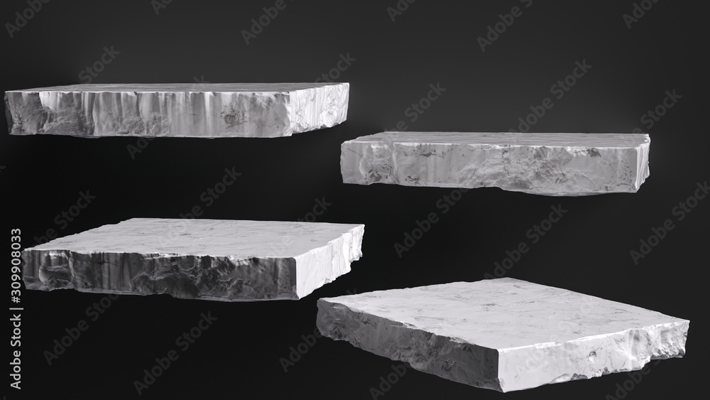 Poster rough stone slabs isolated on black, marble counter concrete shelves, grunge texture blocks object p