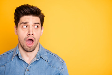 Close-up portrait of his he nice attractive handsome overwhelmed guy looking aside copy space...