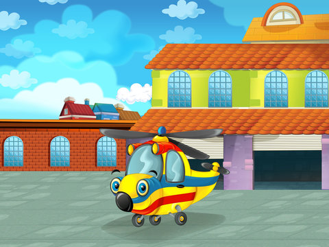 cartoon scene with helicopter vehicle on the road near the garage or repair station - illustration for children