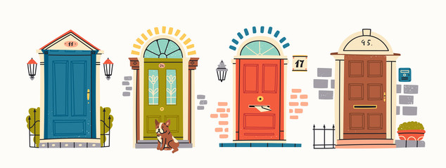 Set of four retro vintage Front Doors. Brick wall. Lamp on a wall. Windows. Sitting bulldog. House Exterior. Home Entrance. Hand drawn colored vector illustration. Isolated on a white background
