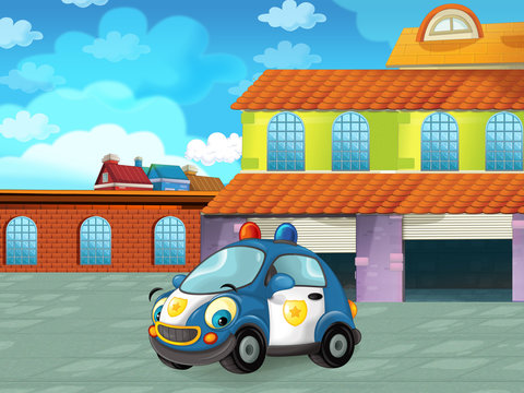 cartoon police car looking like monster truck driving through the city or parking near the garage - illustration for children