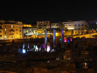 Pozzuoli, Italy, 12/14/2019. Night view of an ancient Roman temple