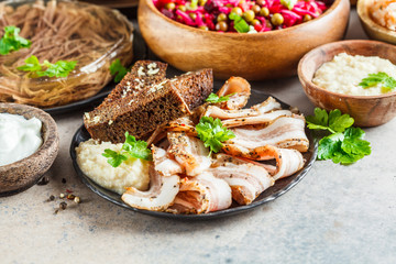 Russian pork lard with horseradish and rye breadcrumbs. Traditional Russian cuisine concept.