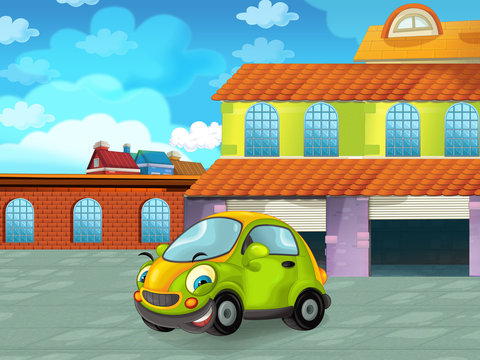 cartoon car driving through the city or parking near the garage - illustration for children