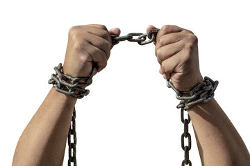 Chain on hand of male prisoners, concept of imprisonment, punishment for offenders , dark tone ,Captivity, slaves , Isolated with clipping path on white background . - obrazy, fototapety, plakaty