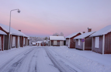 Typical swedish village in frosty morning in the Arctic Circle