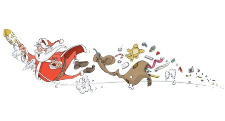 Santa holds on to a New Year's rocket and flies through the picture. Behind him the presents fall out of the bag.
