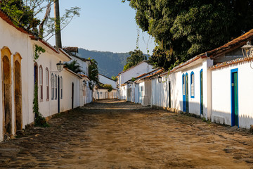 Fototapeta na wymiar Typical cobblestone street covered with mud from high tide with colonial buildings and trees in the late afternoon sun in historic town Paraty, Brazil