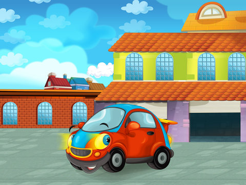 cartoon car driving through the city or parking near the garage - illustration for children