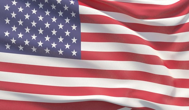 Waving national flag of America. Waved highly detailed close-up 3D render.