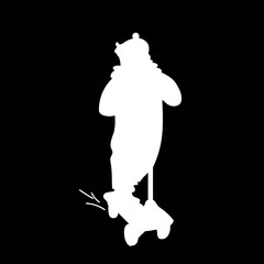 Girl in jumpsuit riding a scooter. White silhouette isolated on black background. Front view. Monochrome vector illustration of little girl on a scooter. Concept.