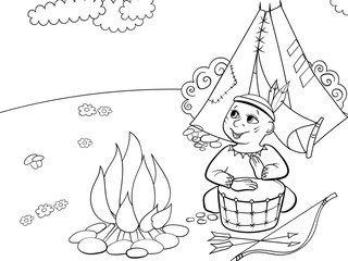 Children drawing, coloring. Theater scene, boy plays the role of Indian near fire and wigwam. Cartoon vector