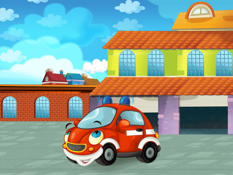cartoon fireman car driving through the city or parking near the garage - illustration for children
