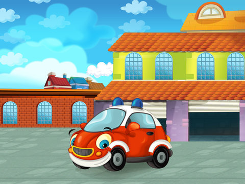 cartoon fireman car driving through the city or parking near the garage - illustration for children