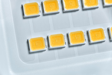 SMD LEDs on PCB board. macro photography of LED bulb elements