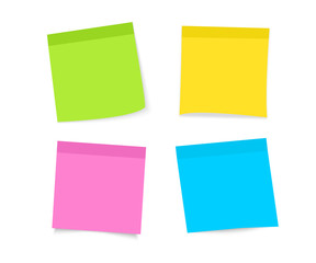 Post note sticker. Paper sticky note piece. Set of multi-colored stickers. Sticky notes paper. Collection of different colored sheets of note papers with curled corner. Ready for your message