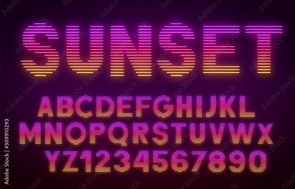Poster futuristic retrowave font. striped gradient glowing letters and numbers on dark background .
