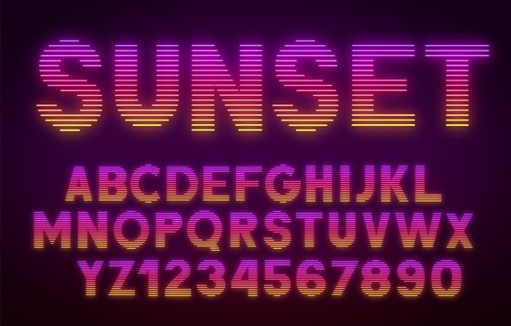 Futuristic retrowave font. Striped gradient glowing letters and numbers on dark background .