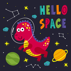 poster with a funny dinosaur in space  - vector illustration, eps    