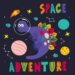 poster with a friendly dinosaur in space  - vector illustration, eps    