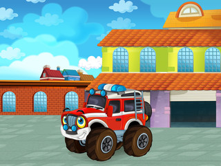 cartoon scene with car vehicle on the road near the garage or repair station - illustration for children