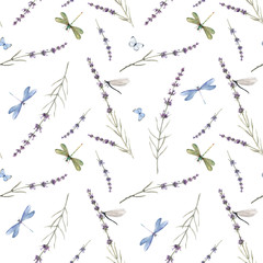 Watercolor seamless pattern with colorful dragonflies and lavanda flowers. Stock illustration. White background.