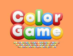 Vector colorful sign Color Game. Bright funny Font. Alphabet Letters, Numbers and Symbols for Kids