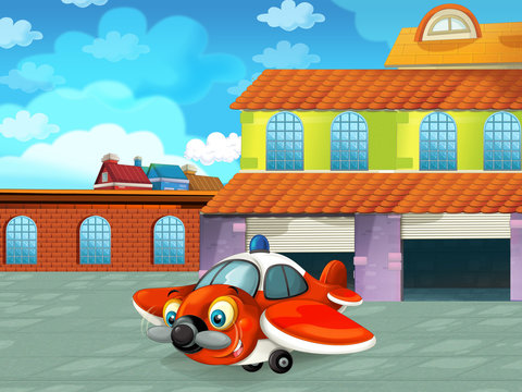 cartoon scene with plane vehicle on the road near the garage or repair station - illustration for children