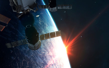 ISS space station walking Erarth planet orbit. Elements of this image furnished by NASA