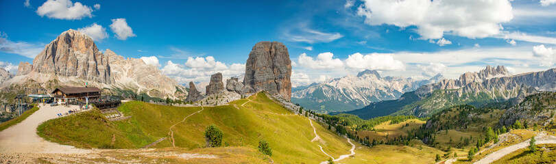 Fototapeta na wymiar Summer mountain alpine meadow landscape. Cinque Torri, Dolomites Alps, Italy