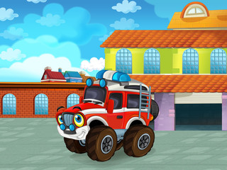 cartoon scene with car vehicle on the road near the garage or repair station - illustration for children