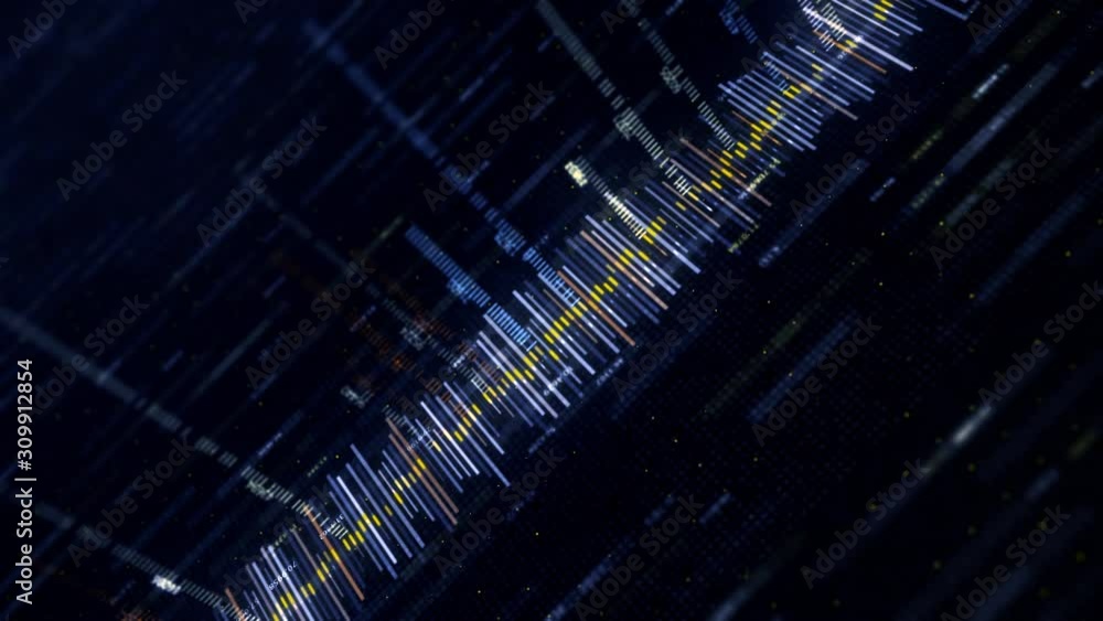 Poster digital waveform equalizer during working process on black background, seamless loop. animation. tec