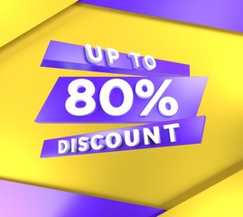 Up to 80 percent off, special offer banner, text on blue purple and yellow background, 3d render