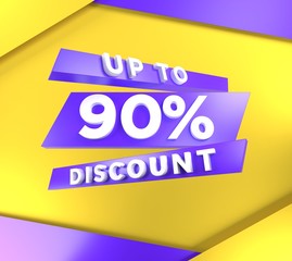 Up to 90 percent off, special offer banner, text on blue purple and yellow background, 3d render