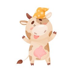 Cartoon Sleepy Cow Wearing Night Cap Standing and Yawning Vector Illustration