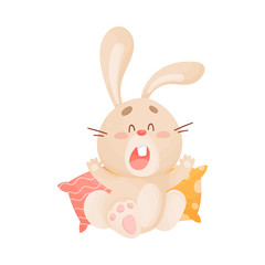 Cartoon Sleepy Hare Sitting on Pillow and Yawning Vector Illustration